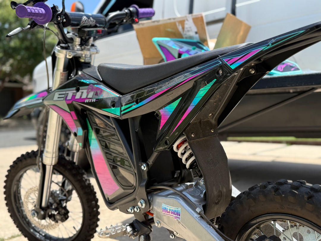 Close-up of a colorful electric bike with 'ETM' branding, parked outdoors.