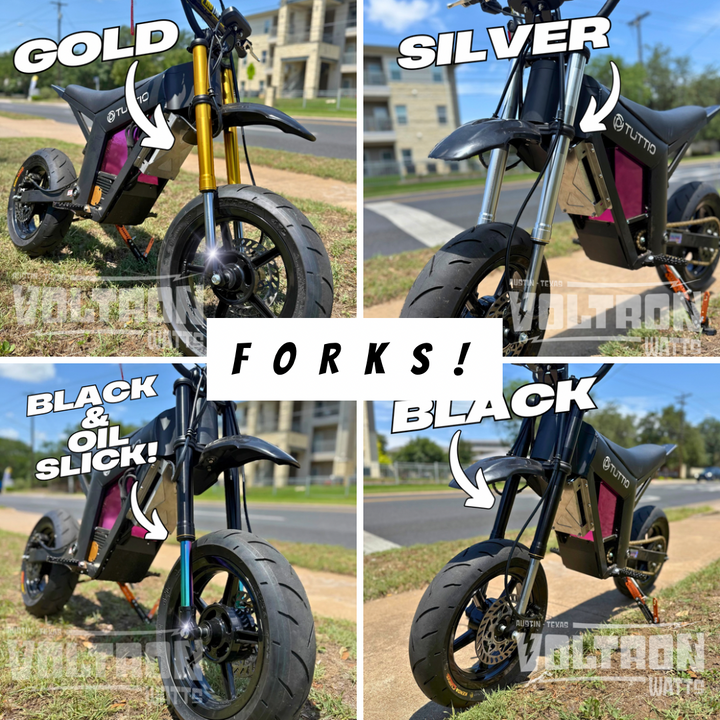 Four views of a motorcycle with gold, silver, black, and oil slick fork options.
