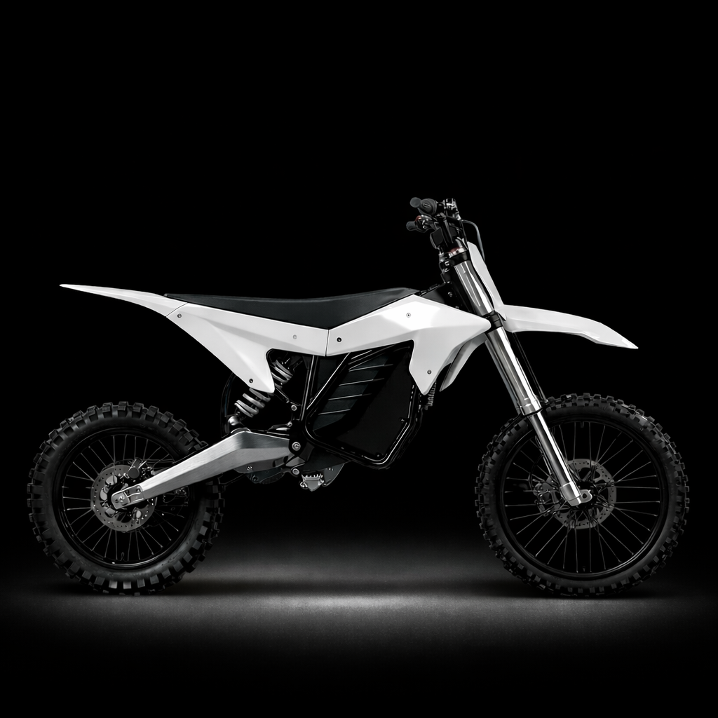 White Electric dirt bike with black black background with light under glow