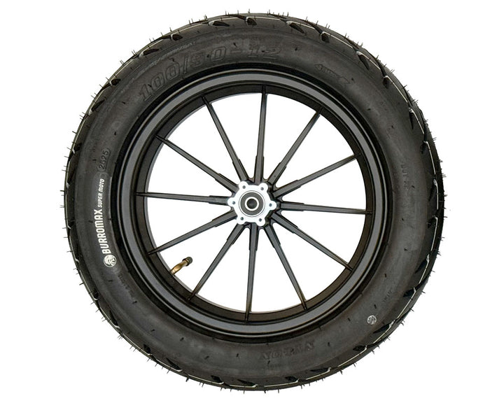 Wheel Assembly, 12" Rear with Supermoto 100/90-12 Tire, 12x2.5 Radial 12 Spoke Wheel, Black (Part #10081) Fits XRA,HRH, HRS with 80mm Extended Swing Arms