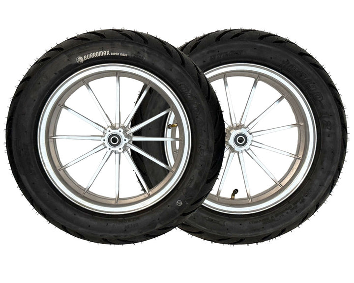 Wheel Assembly, 12" Front And Rear, Supermoto 100/90-12 Tire, 12x2.5 Radial 12 Spoke Wheel, Silver, Set of 2 (Part #10087) Fits XRA, HRH, HRS with 80mm Extended Swing Arms