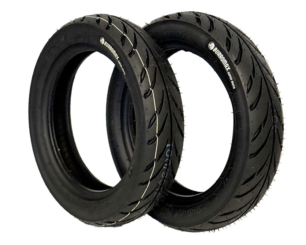 Wheel Assembly, 12" Front And Rear, Supermoto 100/90-12 Tire, 12x2.5 Radial 12 Spoke Wheel, Black, Set of 2 (Part #10089) Fits XRA, HRH, HRS with 80mm Extended Swing Arms