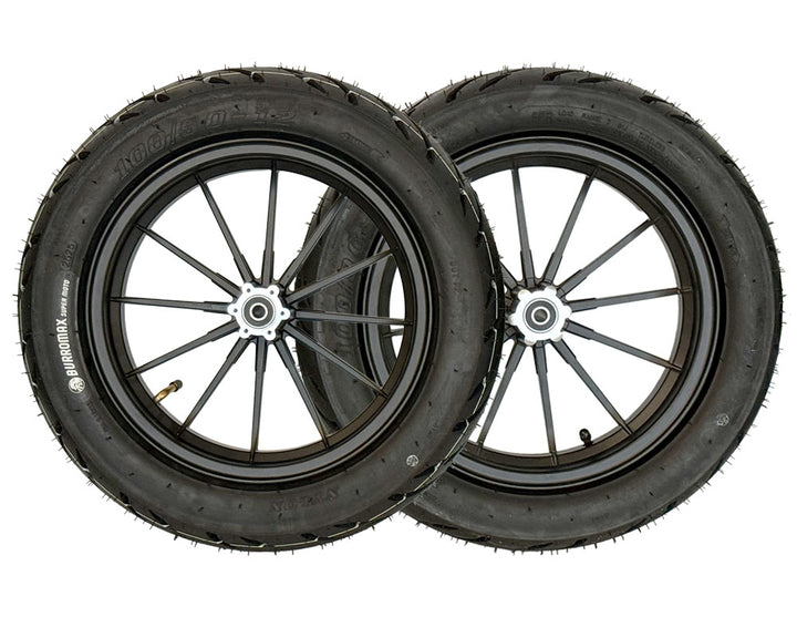 Wheel Assembly, 12" Front And Rear, Supermoto 100/90-12 Tire, 12x2.5 Radial 12 Spoke Wheel, Black, Set of 2 (Part #10089) Fits XRA, HRH, HRS with 80mm Extended Swing Arms