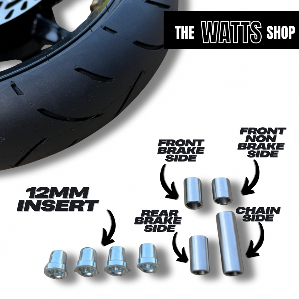 Set of motorcycle wheel bolts with labeled positions on a white background, featuring 'The Watts Shop' branding.