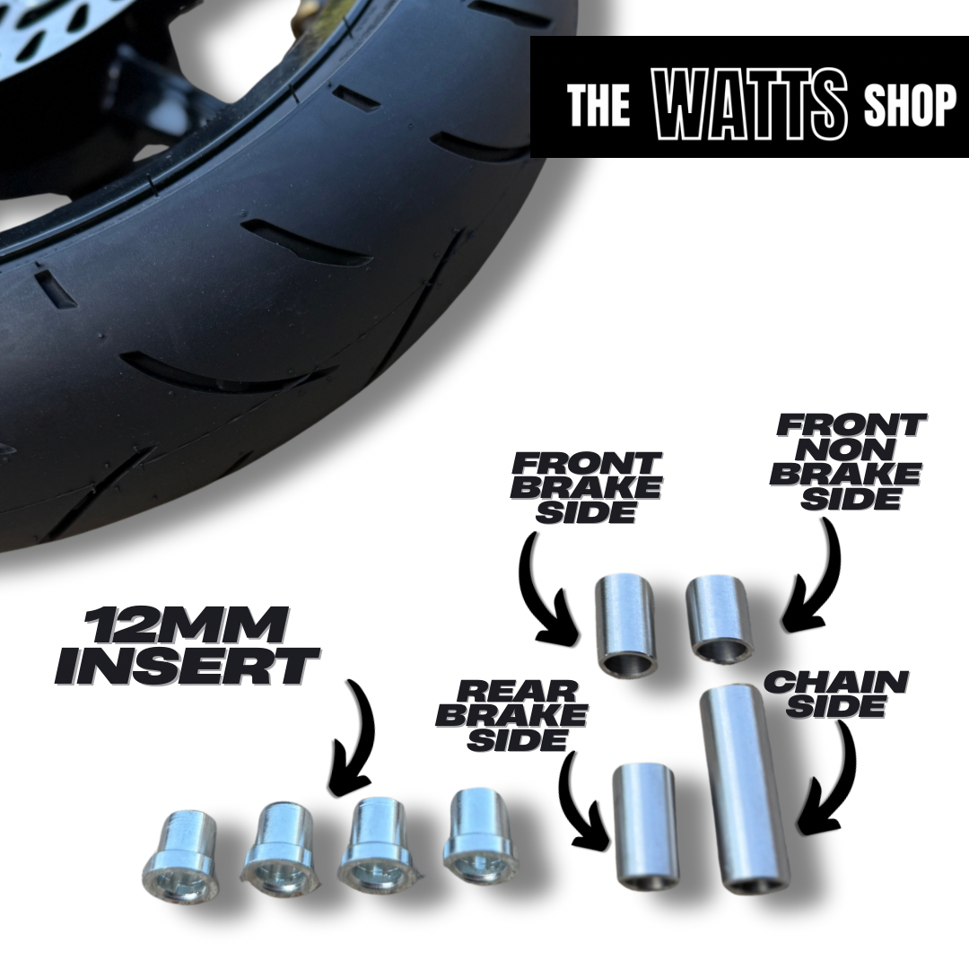 Set of motorcycle wheel bolts with labeled positions on a white background, featuring 'The Watts Shop' branding.