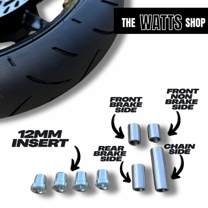 Set of motorcycle wheel bolts with labeled positions on a white background, featuring 'The Watts Shop' branding.