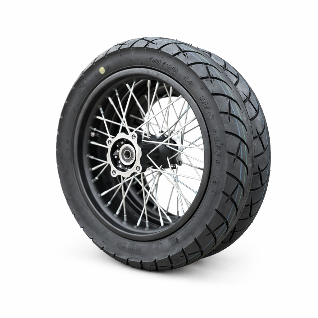 Motorcycle wheel with black tire on a white background