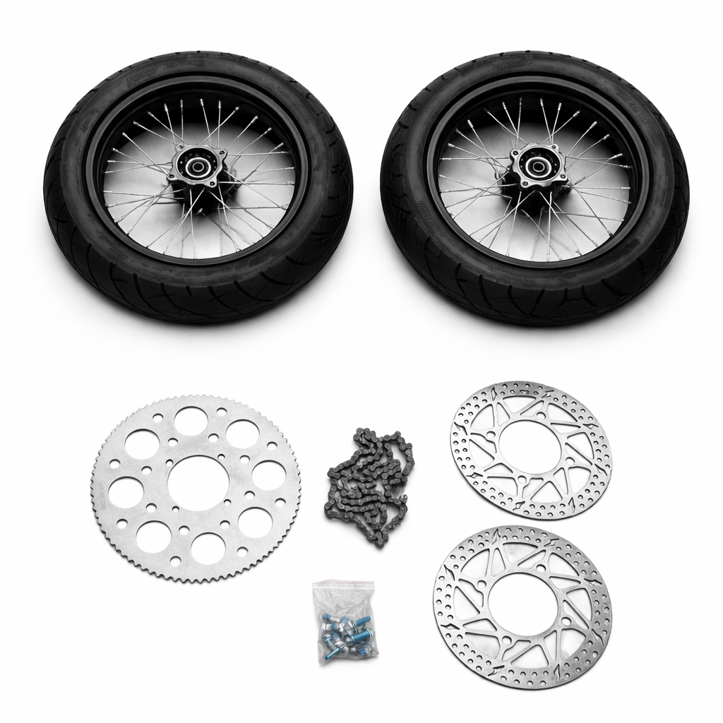 Motorcycle wheels, sprocket, chain, and disc brake rotor on a white background