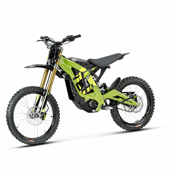 Green electric bike with black seat on a white background