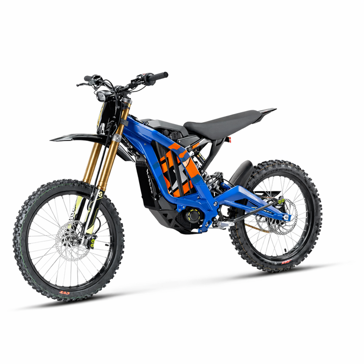 Blue electric bike with black and orange accents on a white background