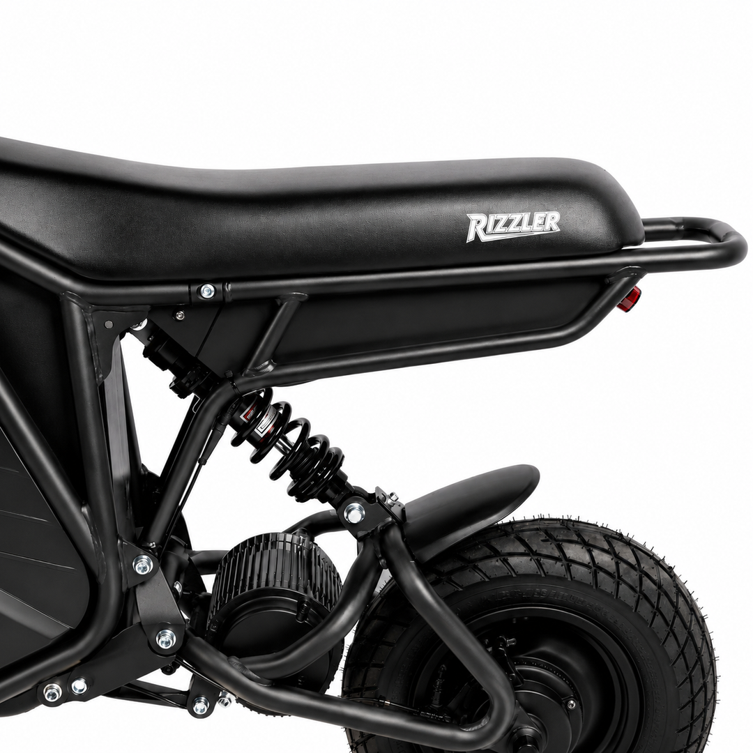Black motorcycle with 'Rizzler' branding on a white background