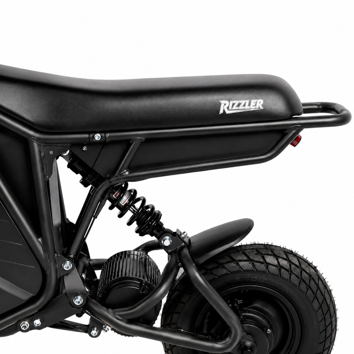 Black motorcycle with 'Rizzler' branding on a white background