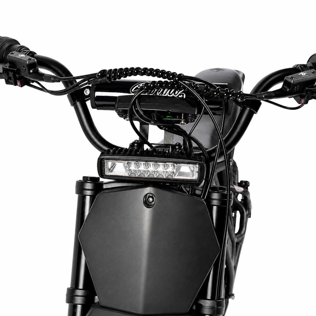 Close-up of a motorcycle handlebar with visible branding on a white background