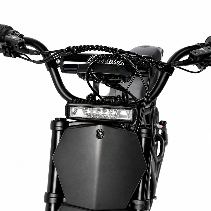 Close-up of a motorcycle handlebar with visible branding on a white background