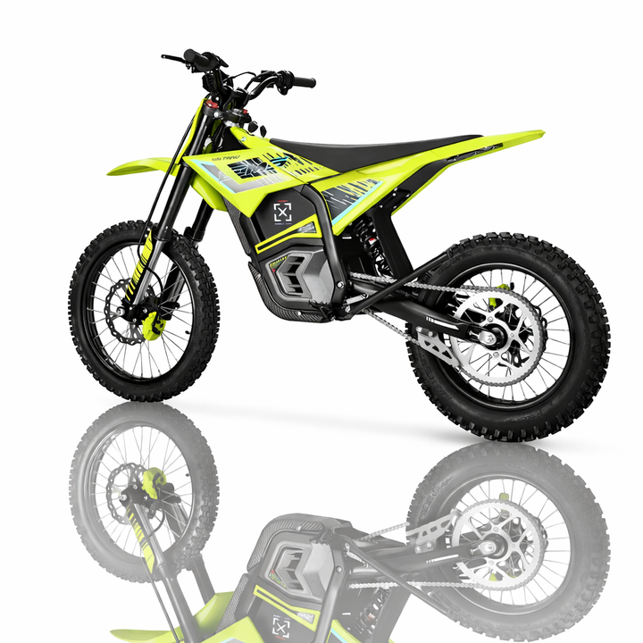 Yellow and black electric dirt bike on a white background