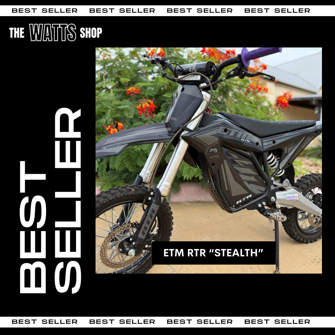 ETM RTR Electric bike labeled 'Best Seller' from The Watts Shop with 'ETM RTR Stealth' model.