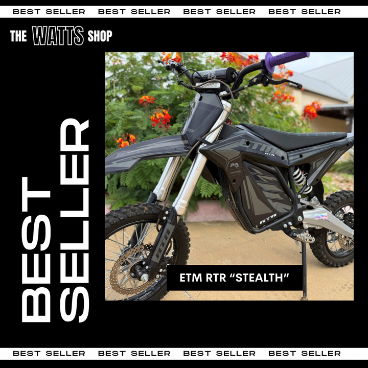 ETM RTR Electric bike labeled 'Best Seller' from The Watts Shop with 'ETM RTR Stealth' model.