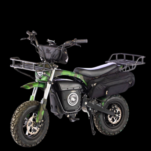 Green and black off-road vehicle with a cargo rack on a black background