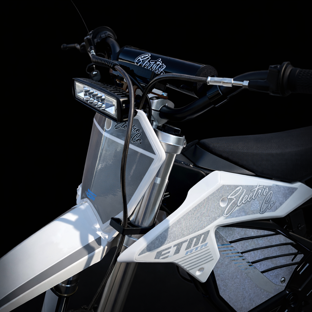 Close-up of a motorcycle handlebar with 'Electric' branding on a black background