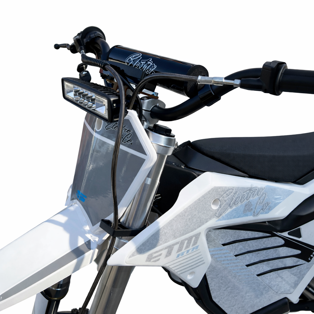 Close-up of a motorcycle handlebar with visible branding on a white background