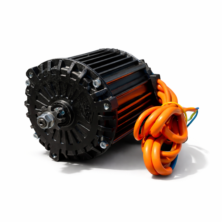 Black electric motor with orange cables on a white background
