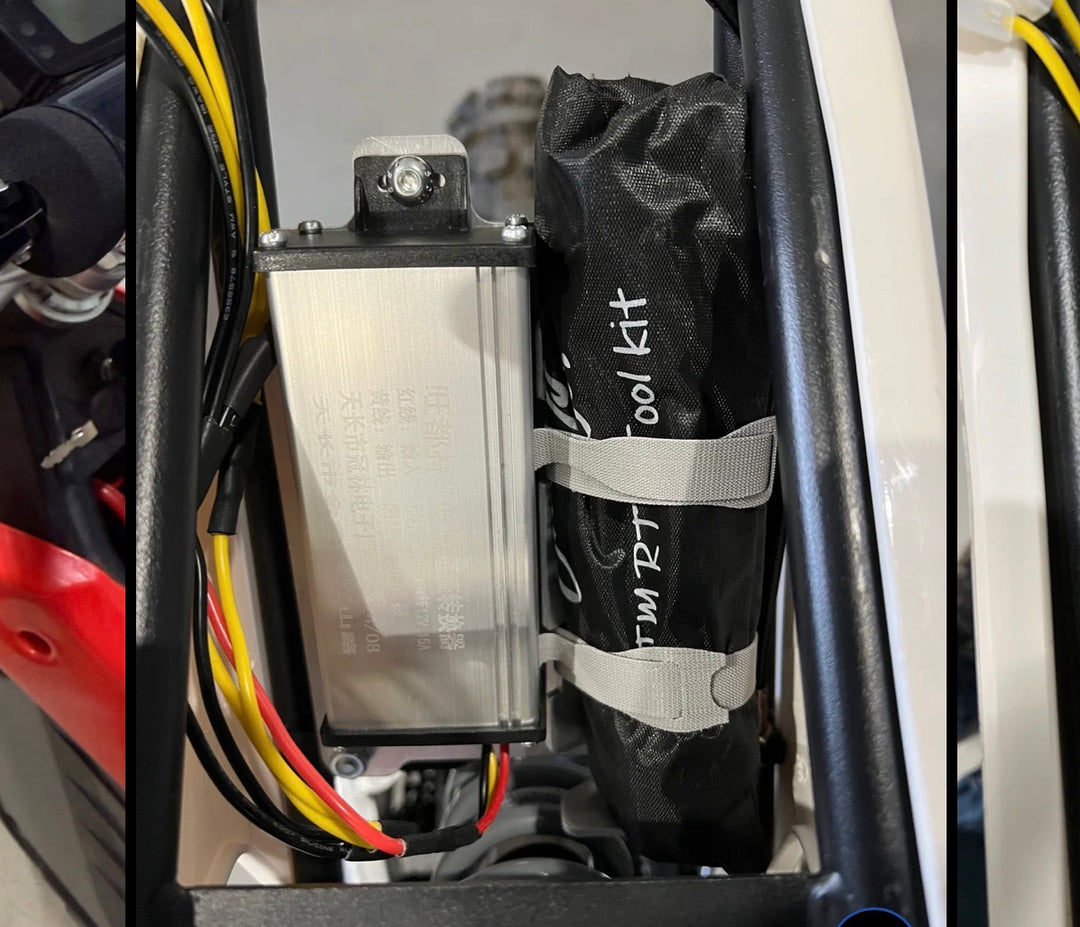 Close-up of a tool kit labeled 'RTW' inside a vehicle's compartment.