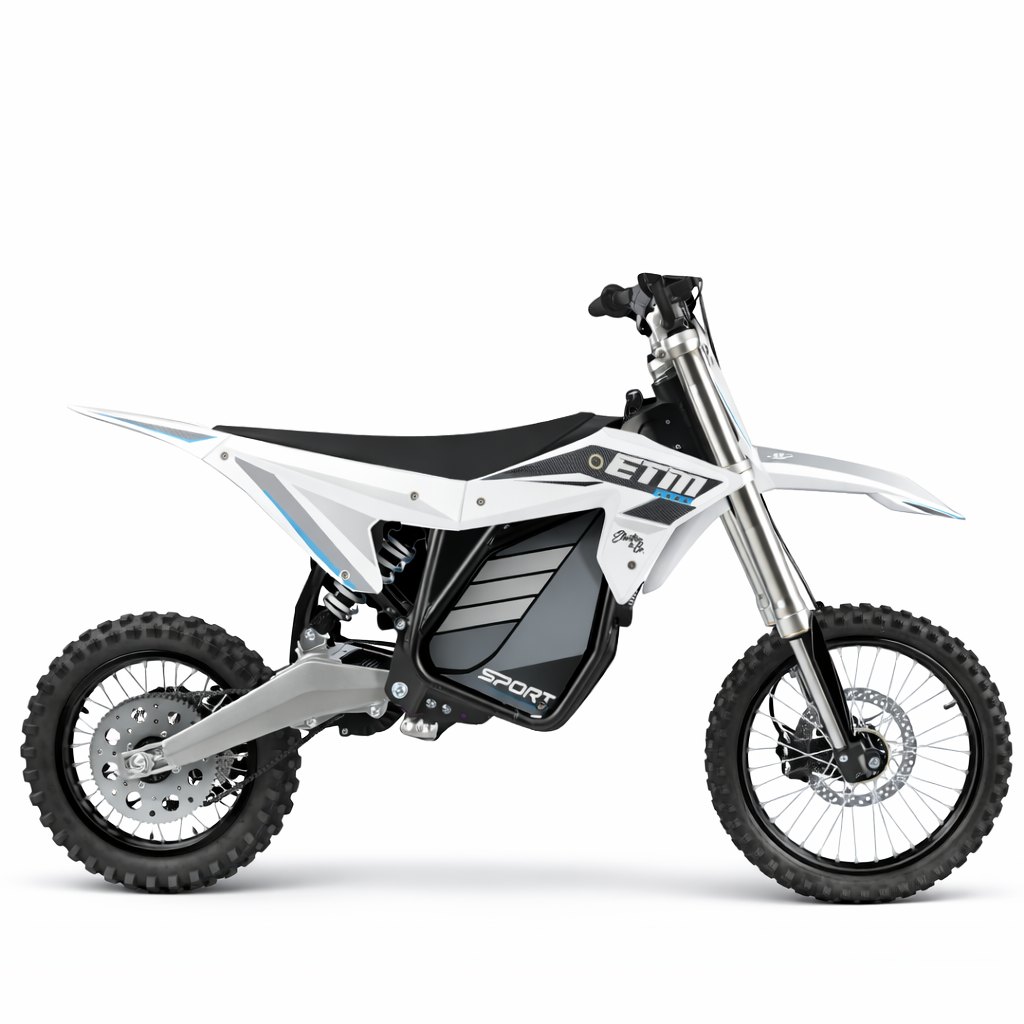 Children's electric dirt bike with 'ETU' branding on a white background