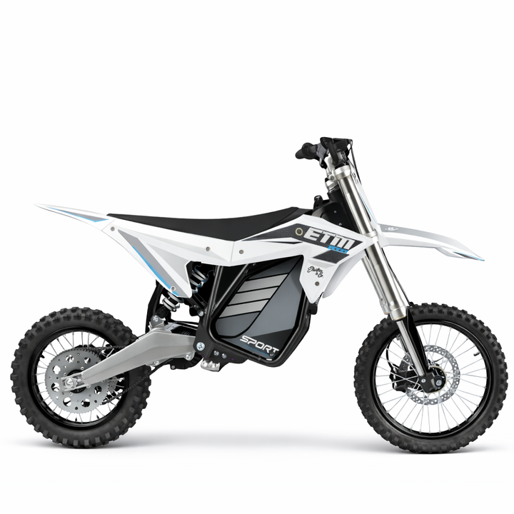 Children's electric dirt bike with 'ETU' branding on a white background