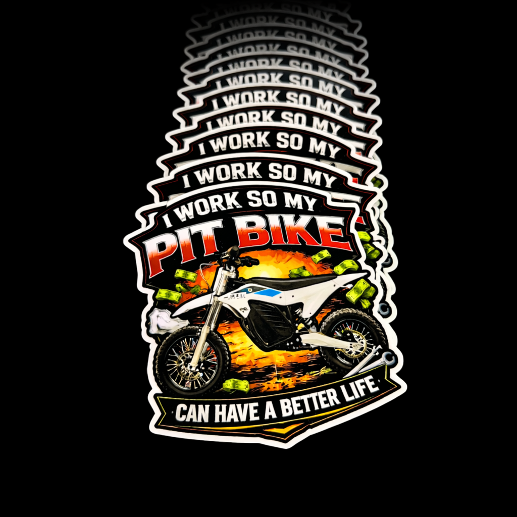 Sticker with a pit bike graphic and text on a black background