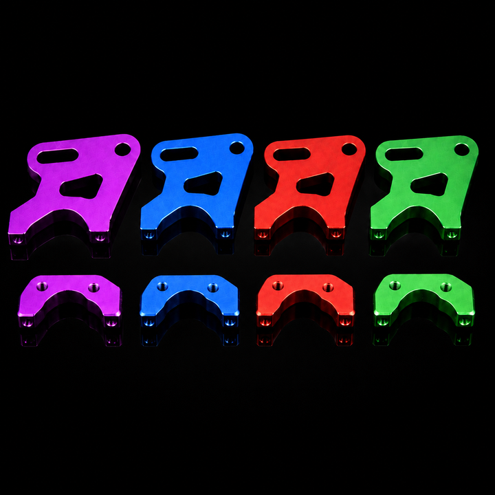 Set of six colorful metal brackets on a black background