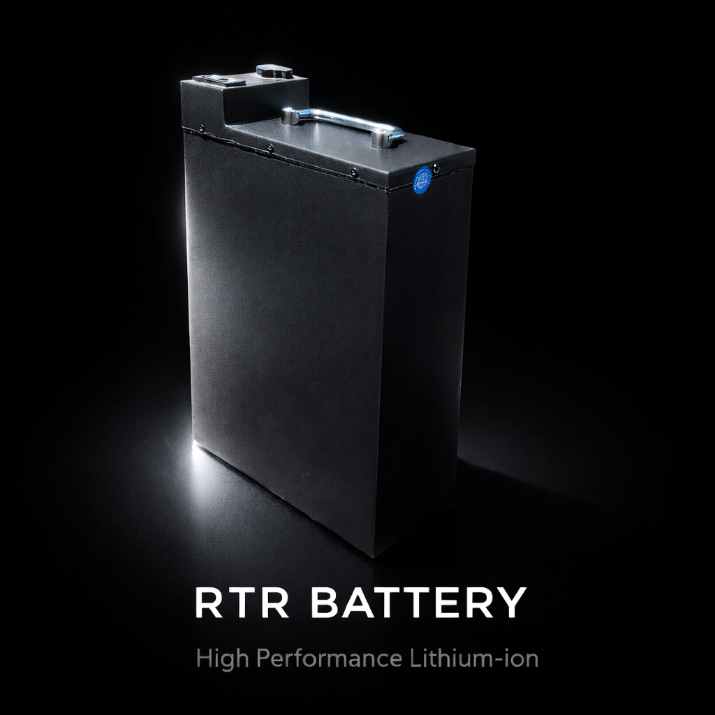 High-performance lithium-ion battery labeled 'RTR Battery' on a dark background