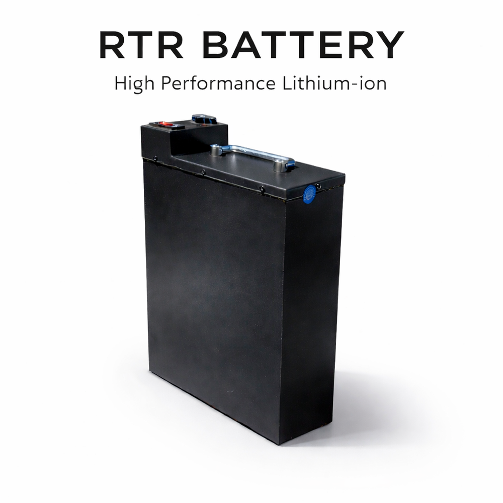 Black high-performance lithium-ion battery with 'RTR Battery' text on a white background