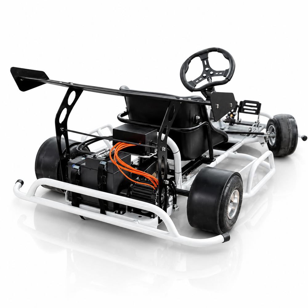 Go-kart chassis with visible wiring on a white background