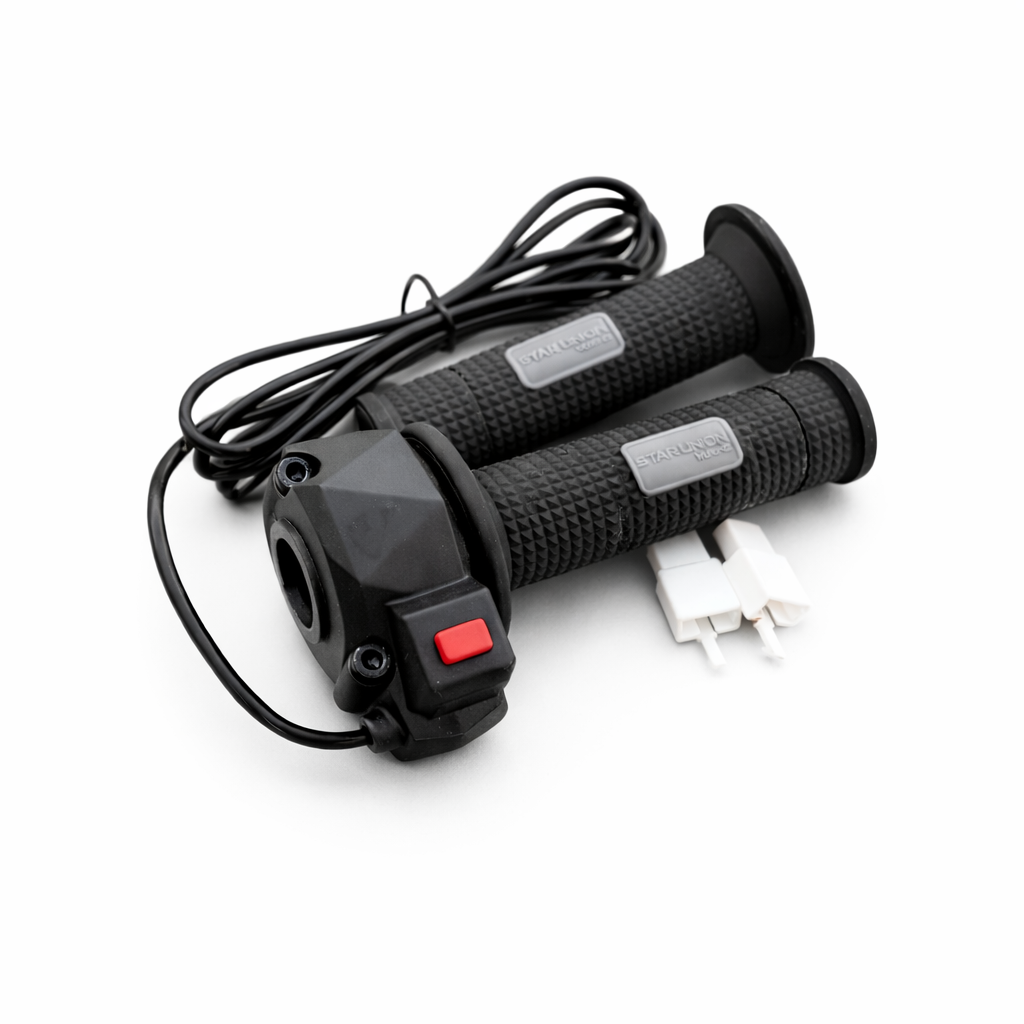 Black motorcycle grips with throttle control on a white background