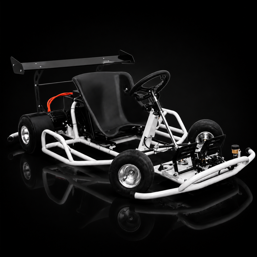 Go-kart on a reflective black surface with a dark background