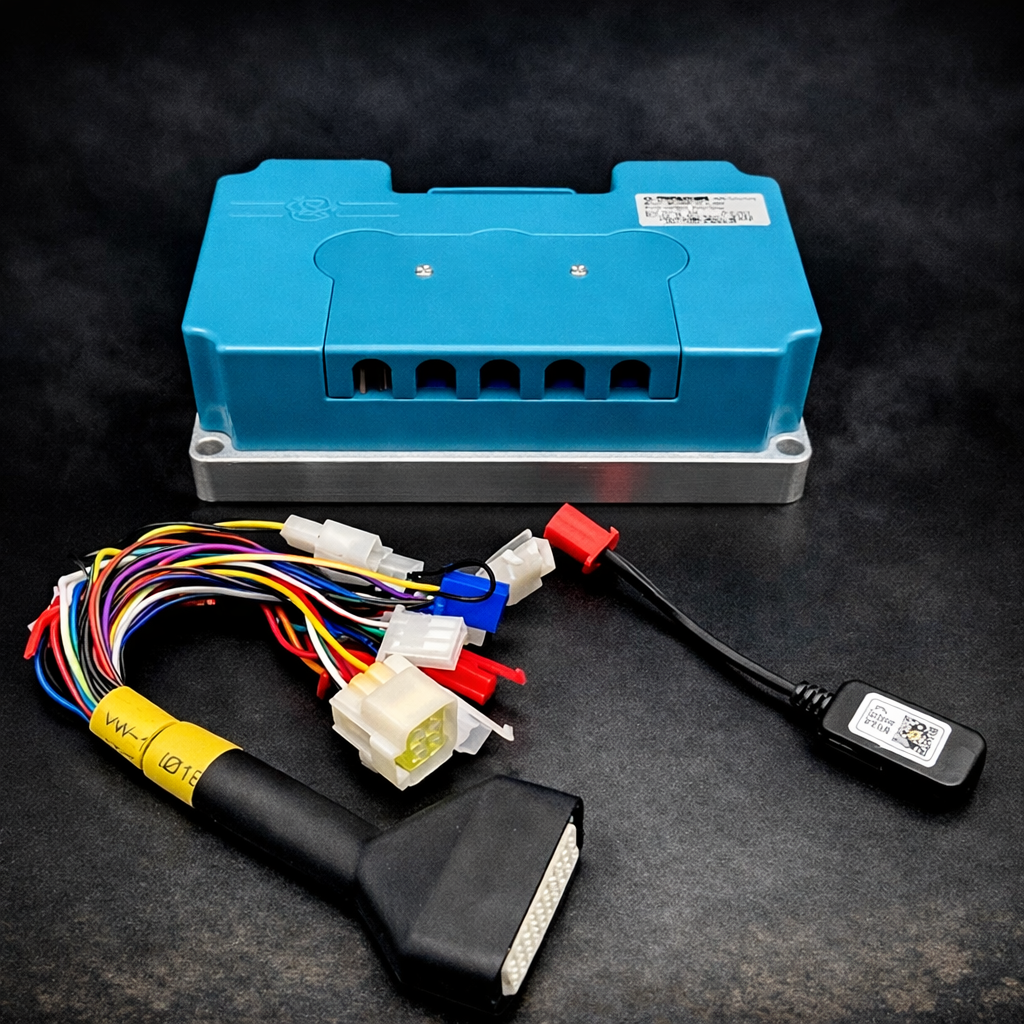 Blue electronic module with wiring harnesses on a dark background