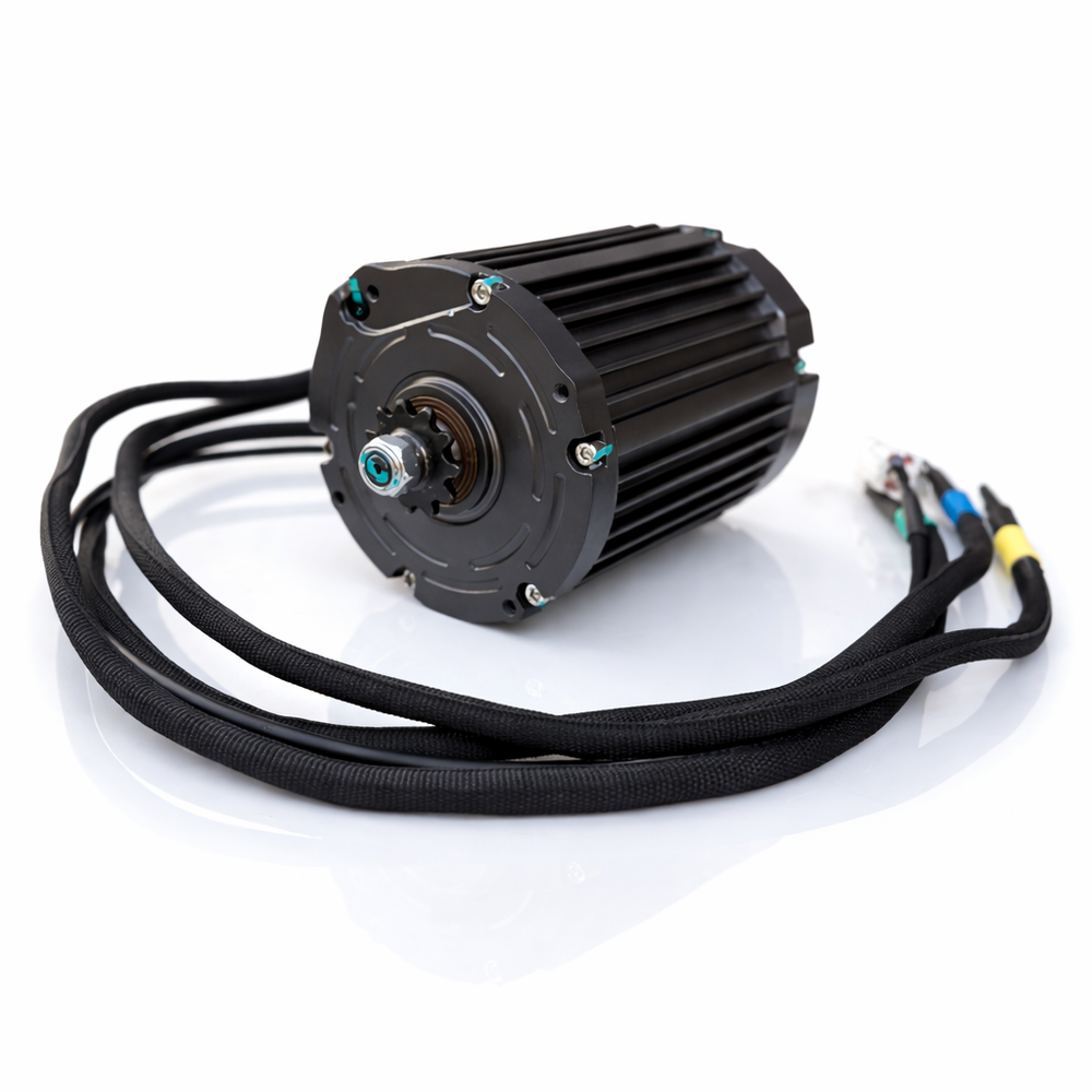 Black electric motor with wiring on a white background