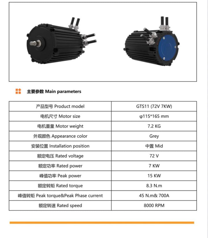 Two electric motors with technical specifications listed below on a white background.