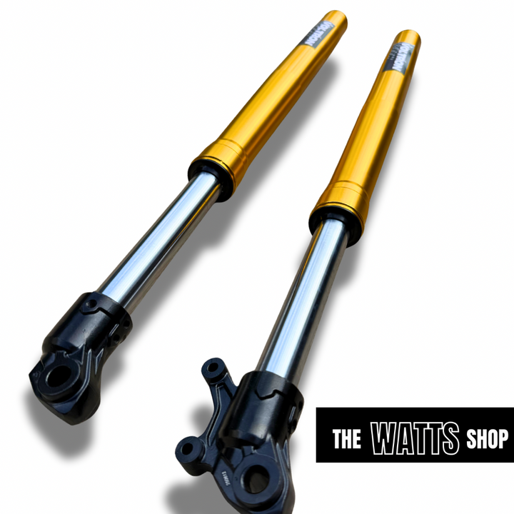 Two gold shock absorbers for Tuttio Soleil on a white background with 'The Watts Shop' branding.
