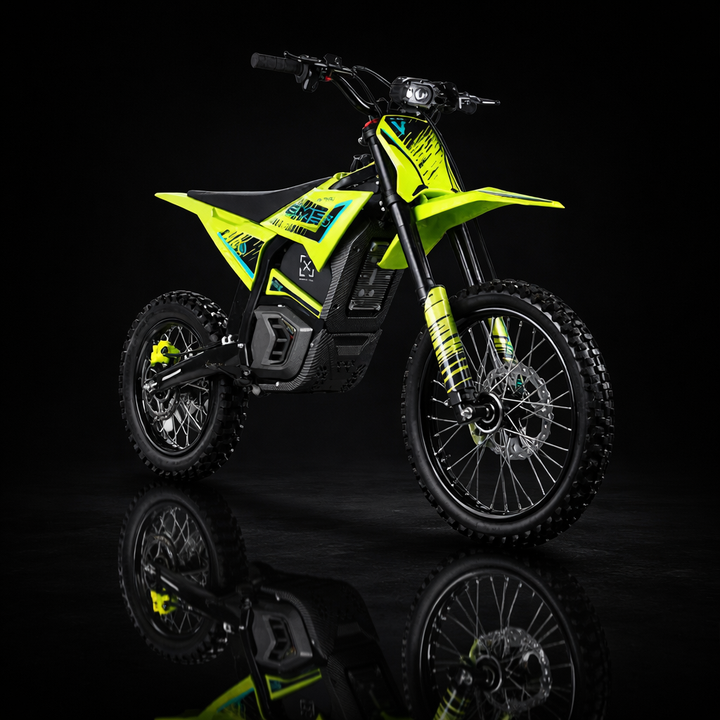 Yellow and black electric bike on a reflective black surface with a dark background