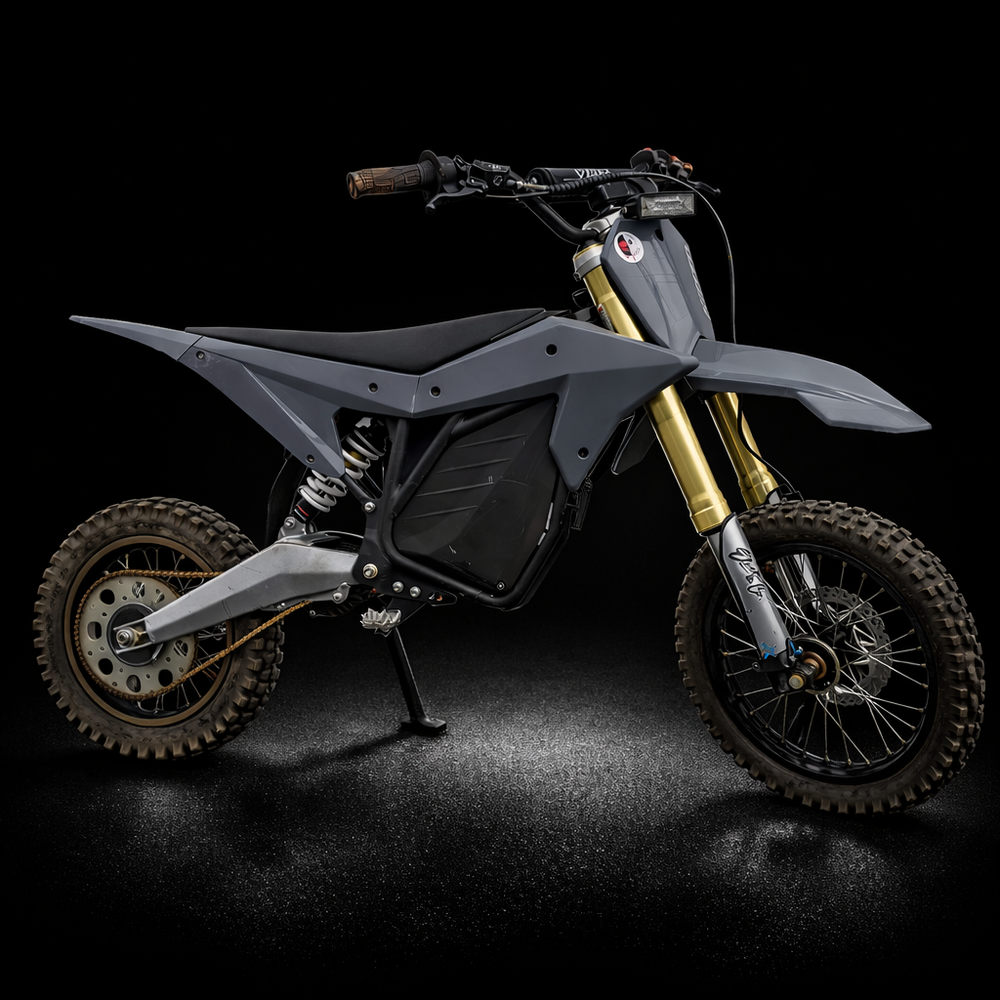 Motorcycle with dark gray body and gold suspension on a black background