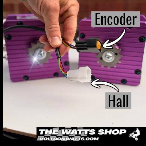 Purple electronic component with wiring labeled 'Encoder' and 'Hall', held by a hand.