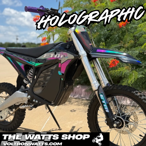 Motorcycle with holographic design and 'The Watts Shop' branding.