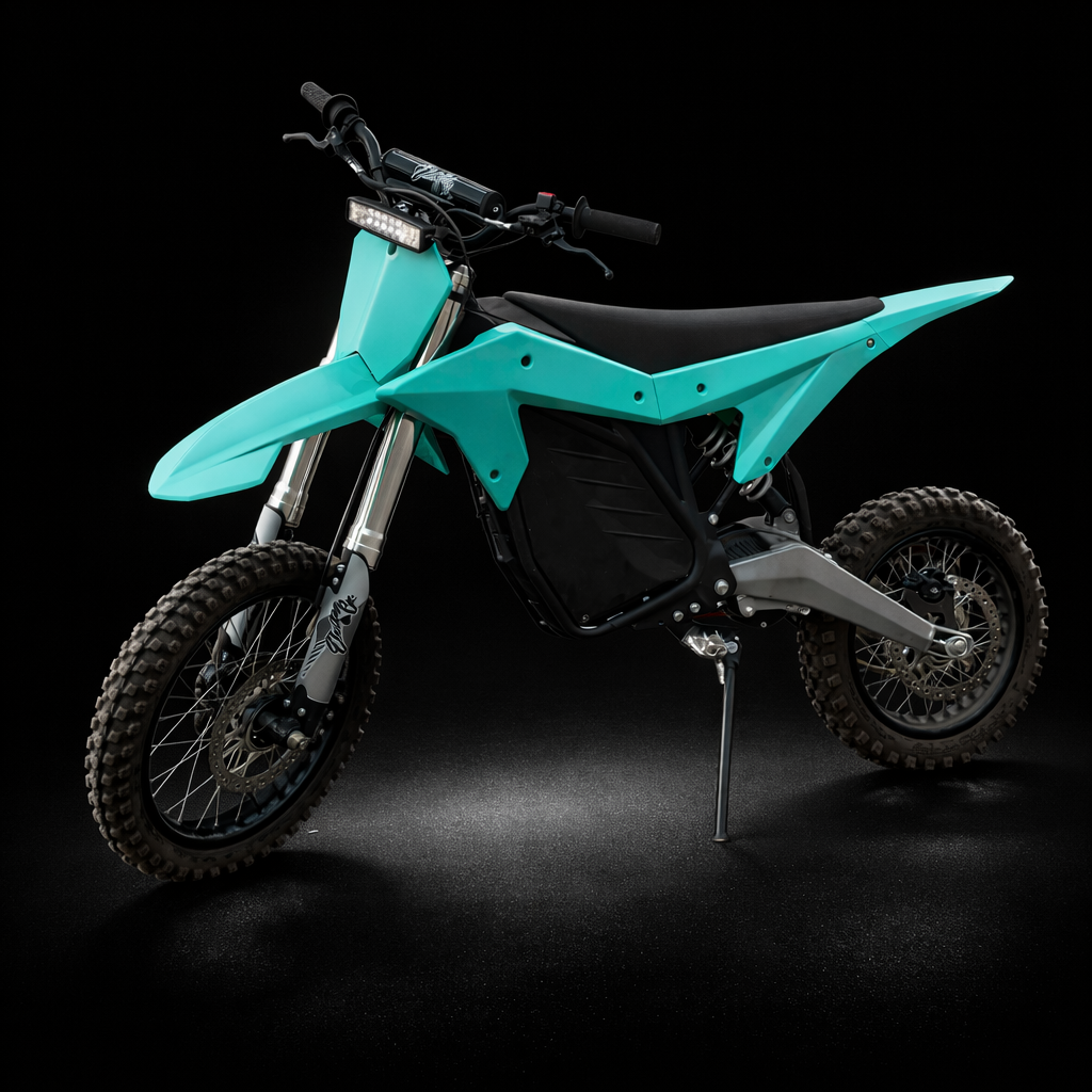 Turquoise electric dirt bike on a black background