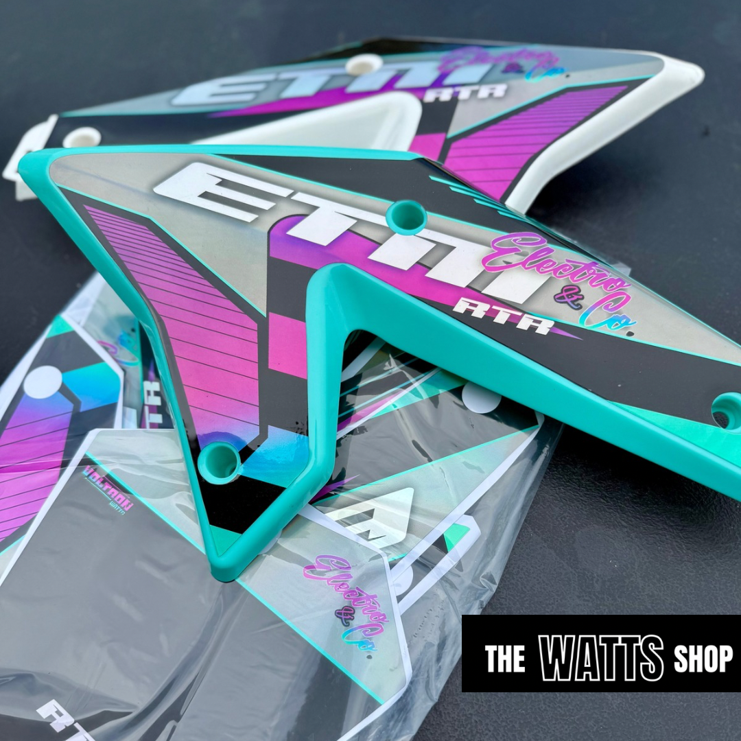 Motorcycle fairings with 'ETM' branding on a dark background, featuring 'The Watts Shop' logo.