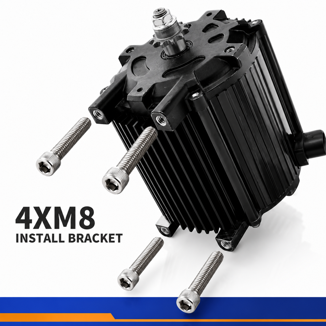 Black electric motor with installation bracket and screws on a white background