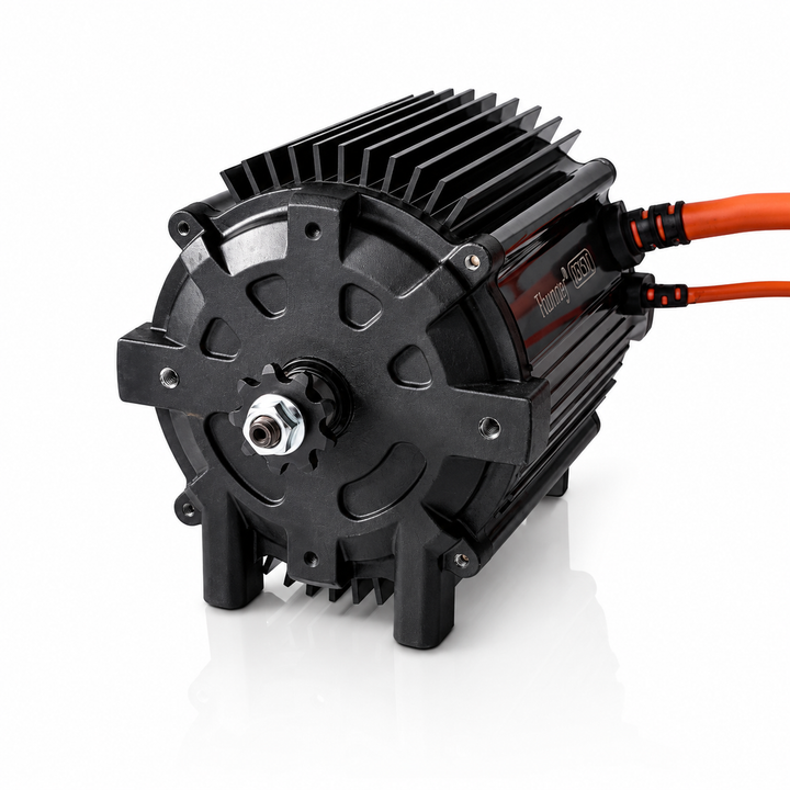 Black electric motor with red and orange wires on a white background