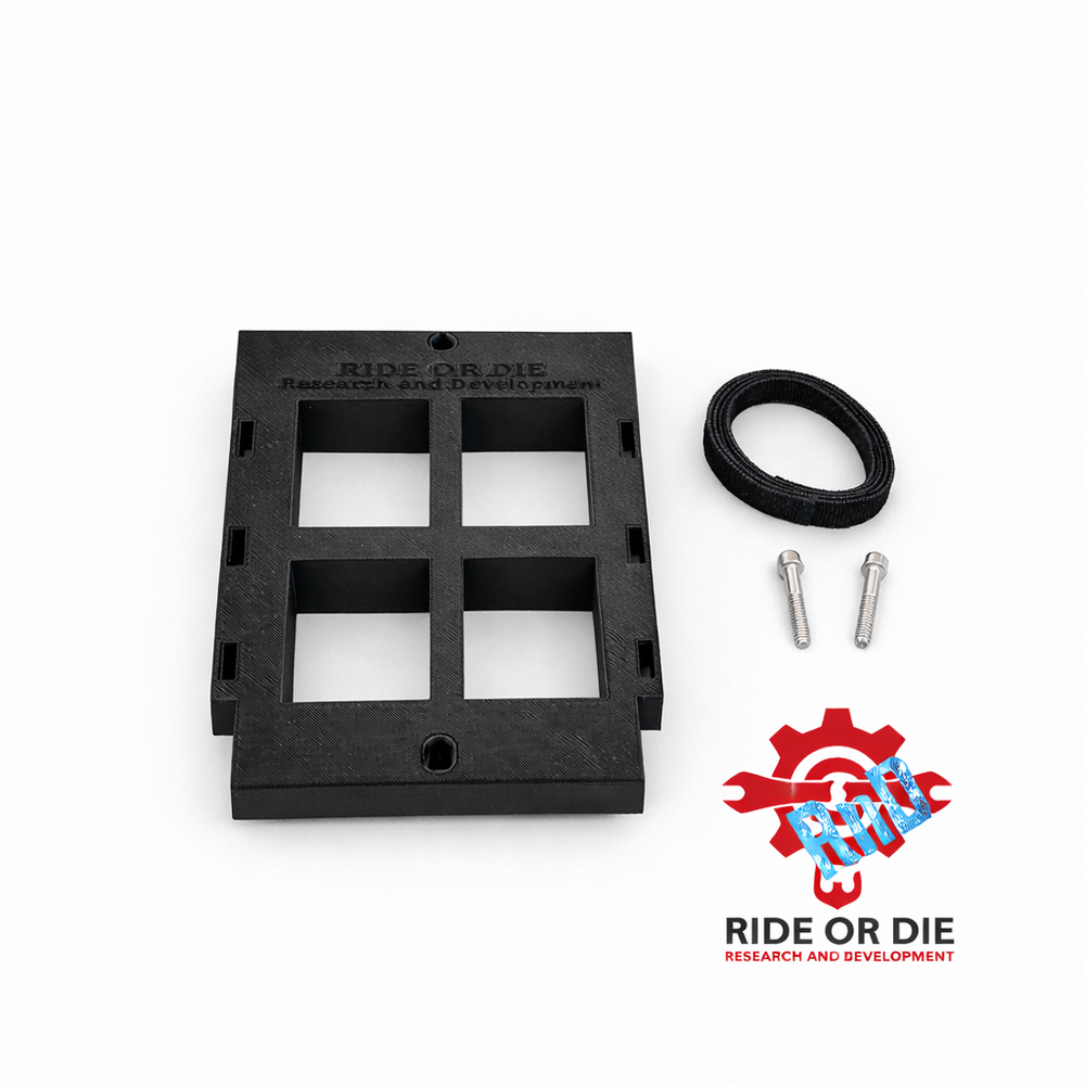 Black plastic component with hardware on a white background, featuring 'Ride or Die' branding.