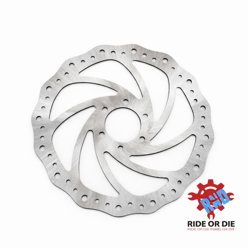 Metallic bicycle disc brake rotor on a white background with 'Ride or Die' branding.