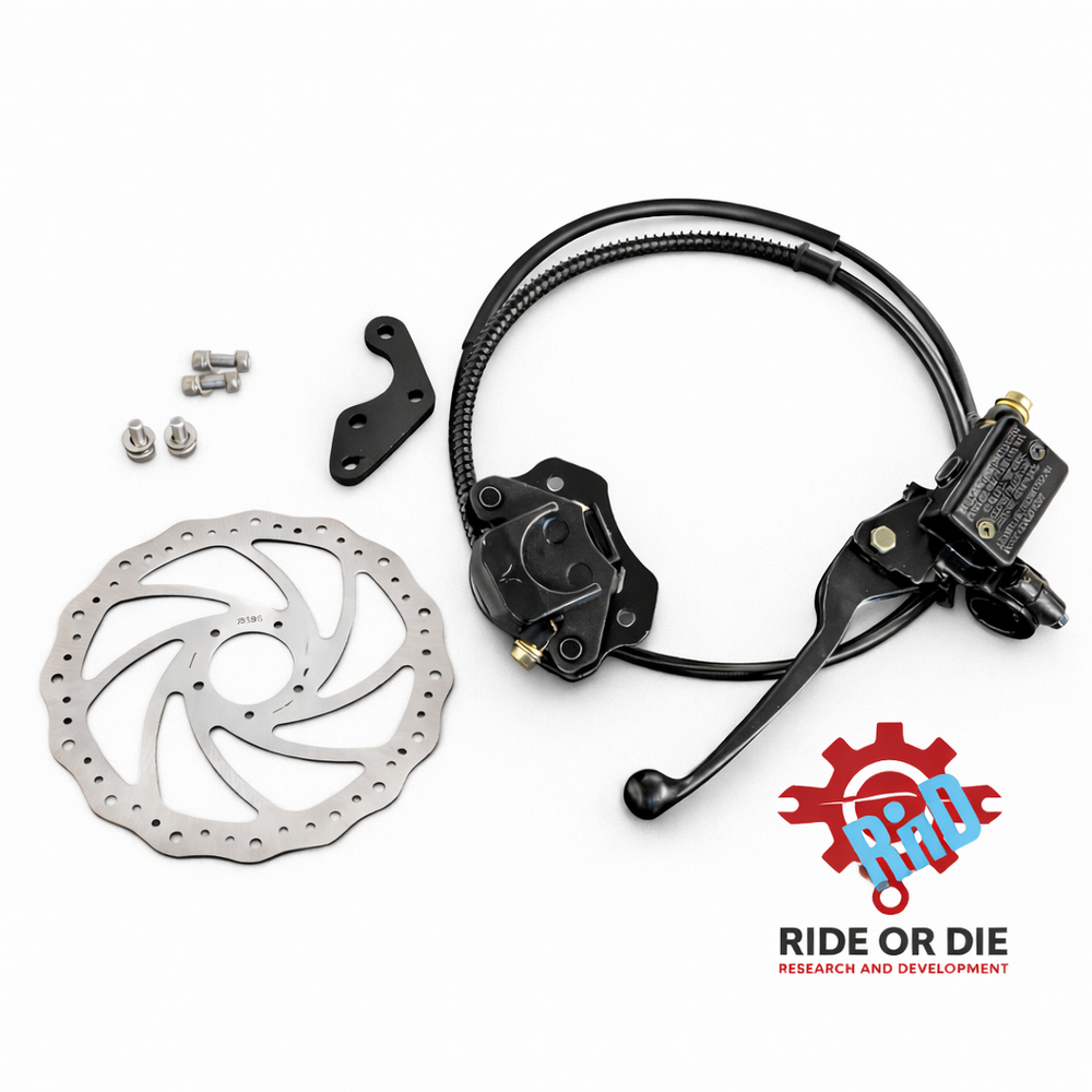 Bicycle brake components including a rotor, caliper, and cable on a white background with 'RIDE OR DIE' branding.